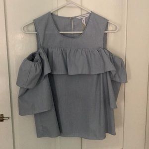 BCBG blue and white pin stripe cold shoulder top